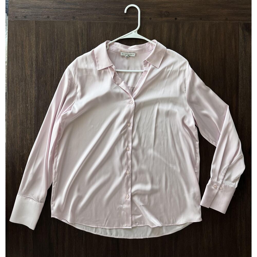 Soft Pink Satin Shirt Womens Medium Button Front Long Sleeve Top Maison D'Amélie - Picture 4 of 7